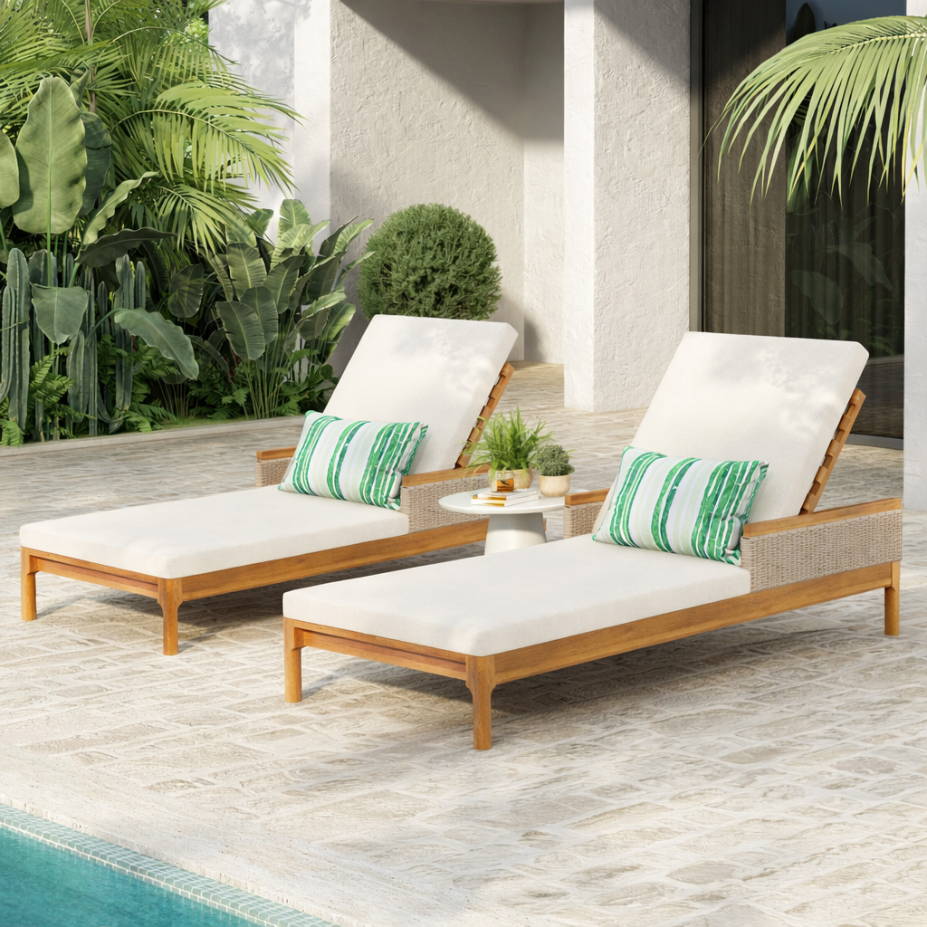 76.8" Solid Acacia Wood Sun Chaise Lounger Set of 2