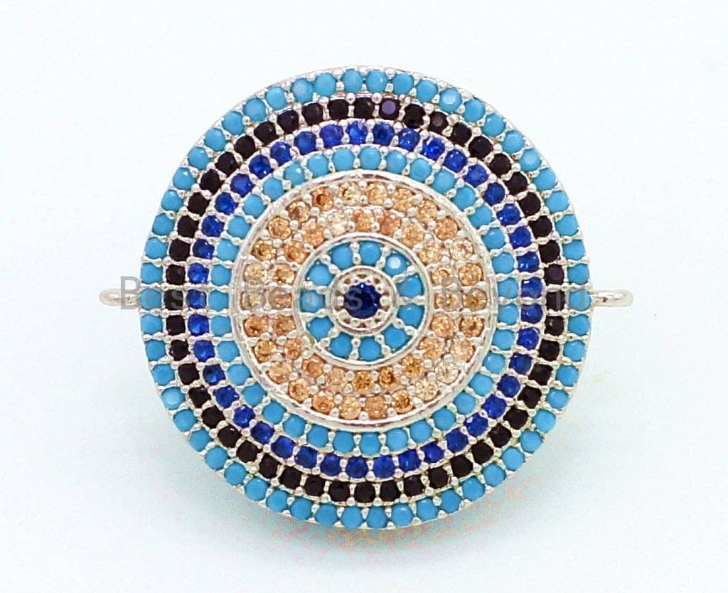 CZ Micro Pave Turquoise Cobalt Round Coin Connector for Bracelet/Necklace, Cubic Zirconia Space Connector, 23mm, 1pc, sku#E27