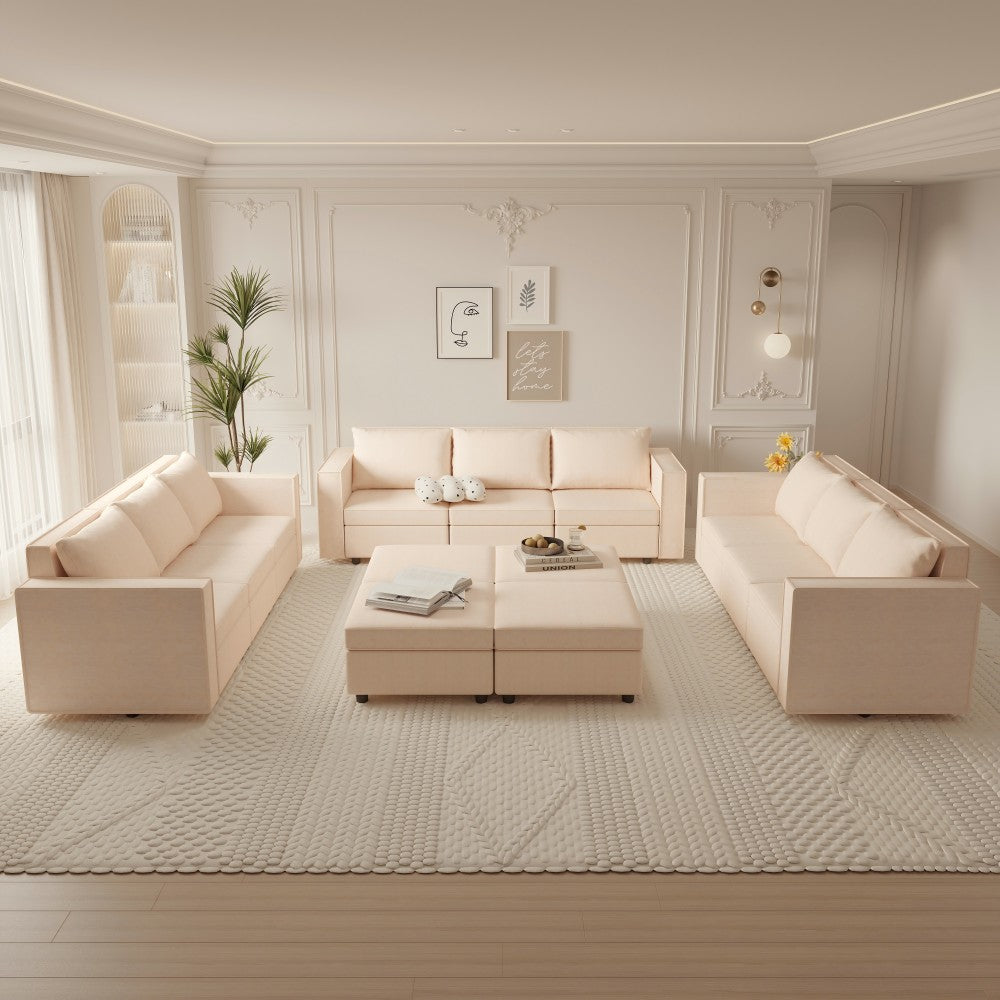 Ainfox 13-Seat Modular Sectional Sofa Sleeper Sofa Flannel Sofa with Storage Seat Beige