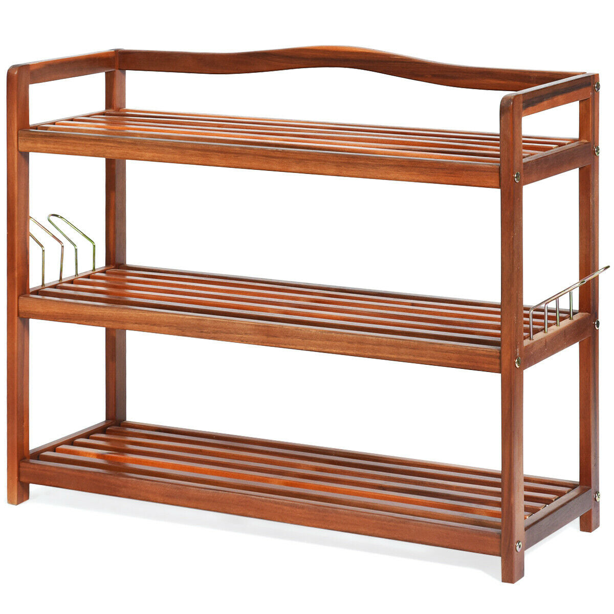 2-Tier Acacia Wood Shoe Rack with 4 Side Metal Hooks
