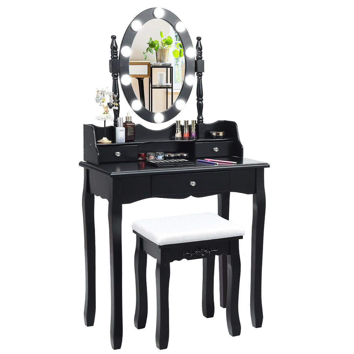 Oval Mirror Vanity Set with 10 LED Dimmable Bulbs and 3 Drawers