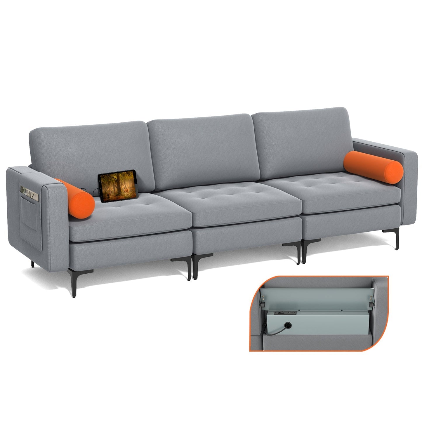Modular 1/2/3/4-Seat L-Shaped Sectional Sofa Couch with Socket USB Port-3-Seat with USB port