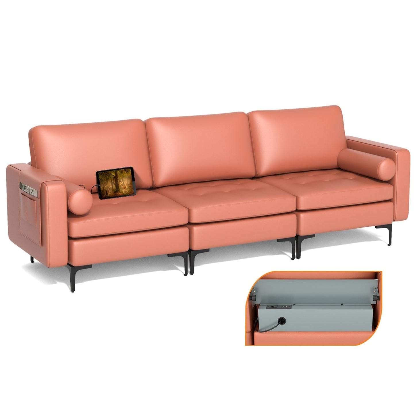 Modular 1/2/3/4-Seat L-Shaped Sectional Sofa Couch with Socket USB Port-3-Seat with USB port