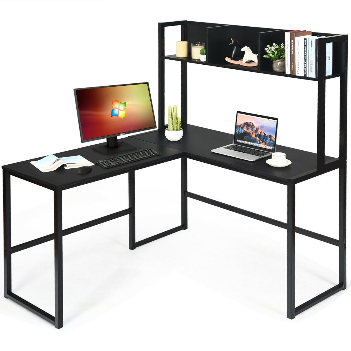 Reversible L-Shaped Corner Desk with Storage Bookshelf