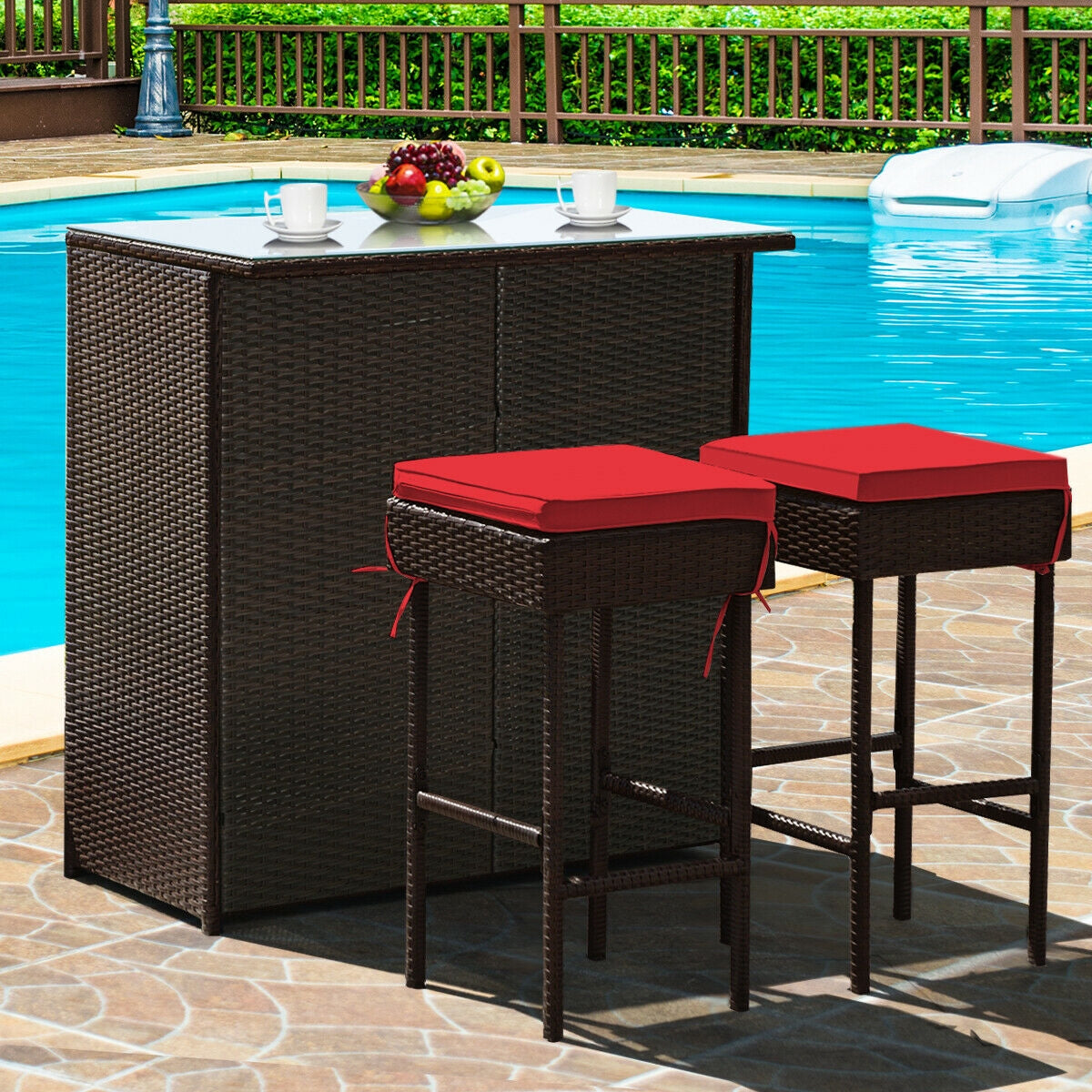 3PCS Patio Rattan Wicker Bar Table Stools Dining Set-Turquoise