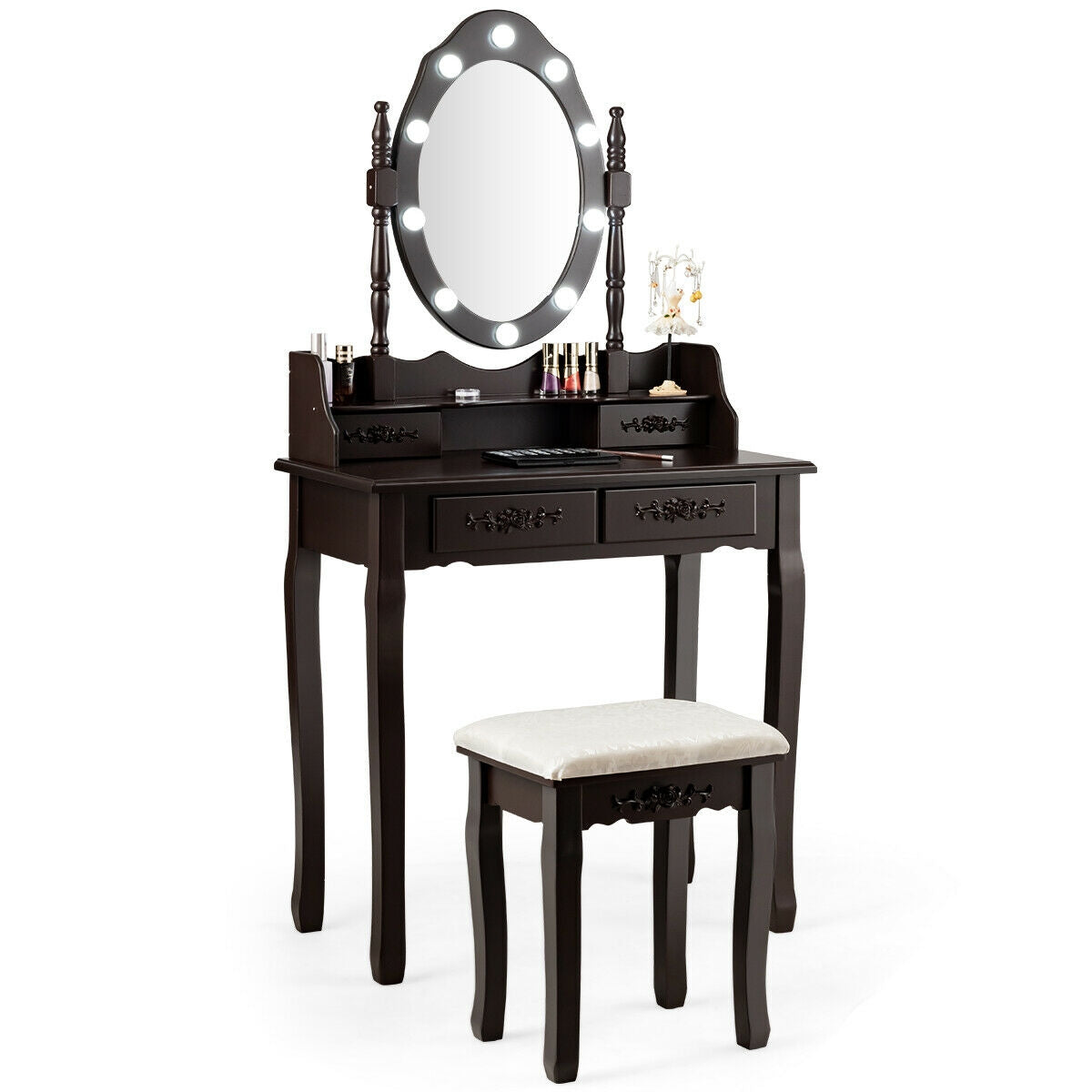 Makeup Vanity Dressing Table Set with Dimmable Bulbs Cushioned Stool