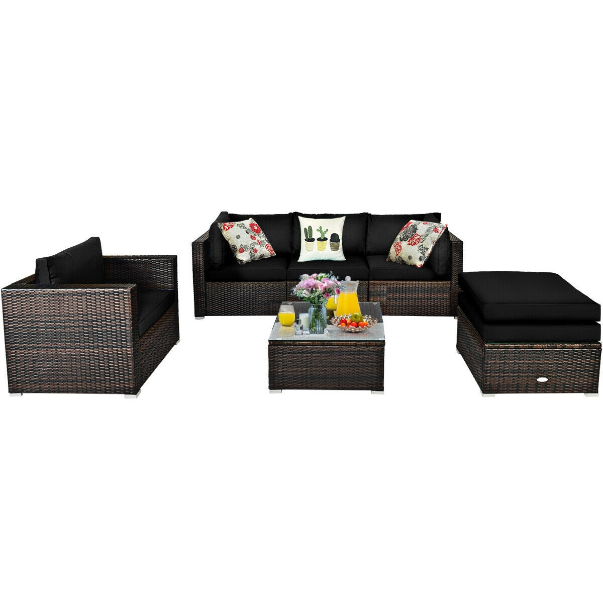 6 Pcs Patio Rattan Furniture Set with Sectional Cushion