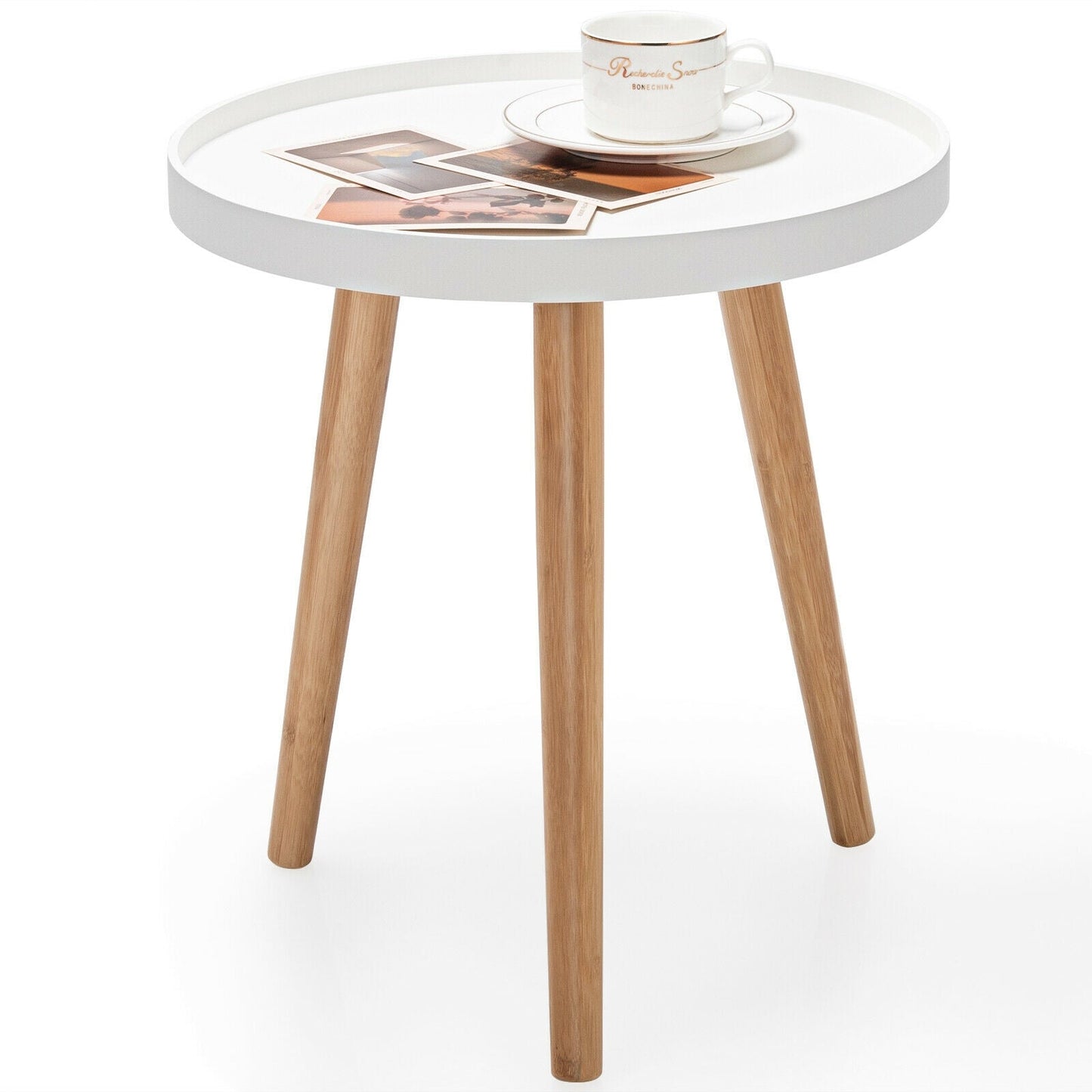 Mid Century Modern Round Side Sofa Coffee Table with Wooden Tray