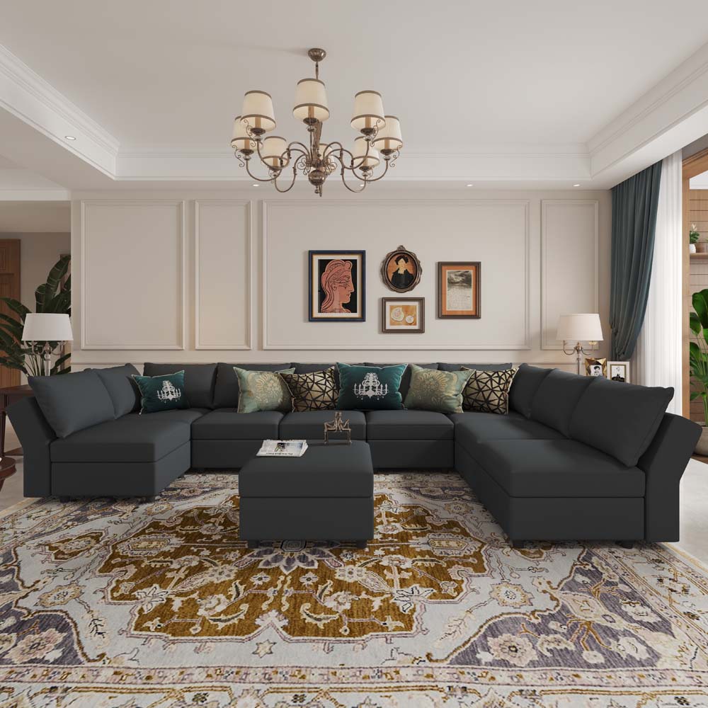 Ainfox U Shaped 8 Seats +8 Sides Modular Sectional Sofa Sleeper Sofa Flannel Sofa with Storage Seat