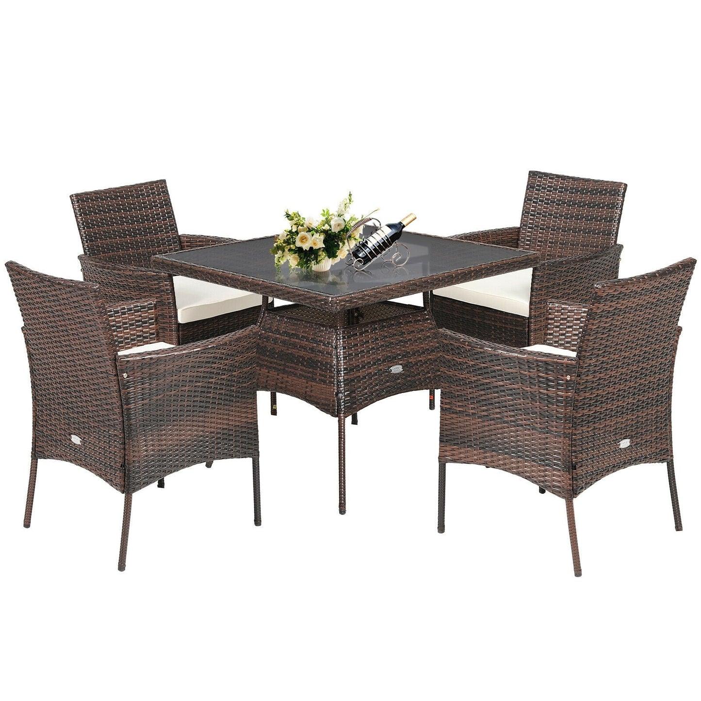 5 Pieces Patio Rattan Dining Furniture Set with Arm Chair and Wooden Table Top