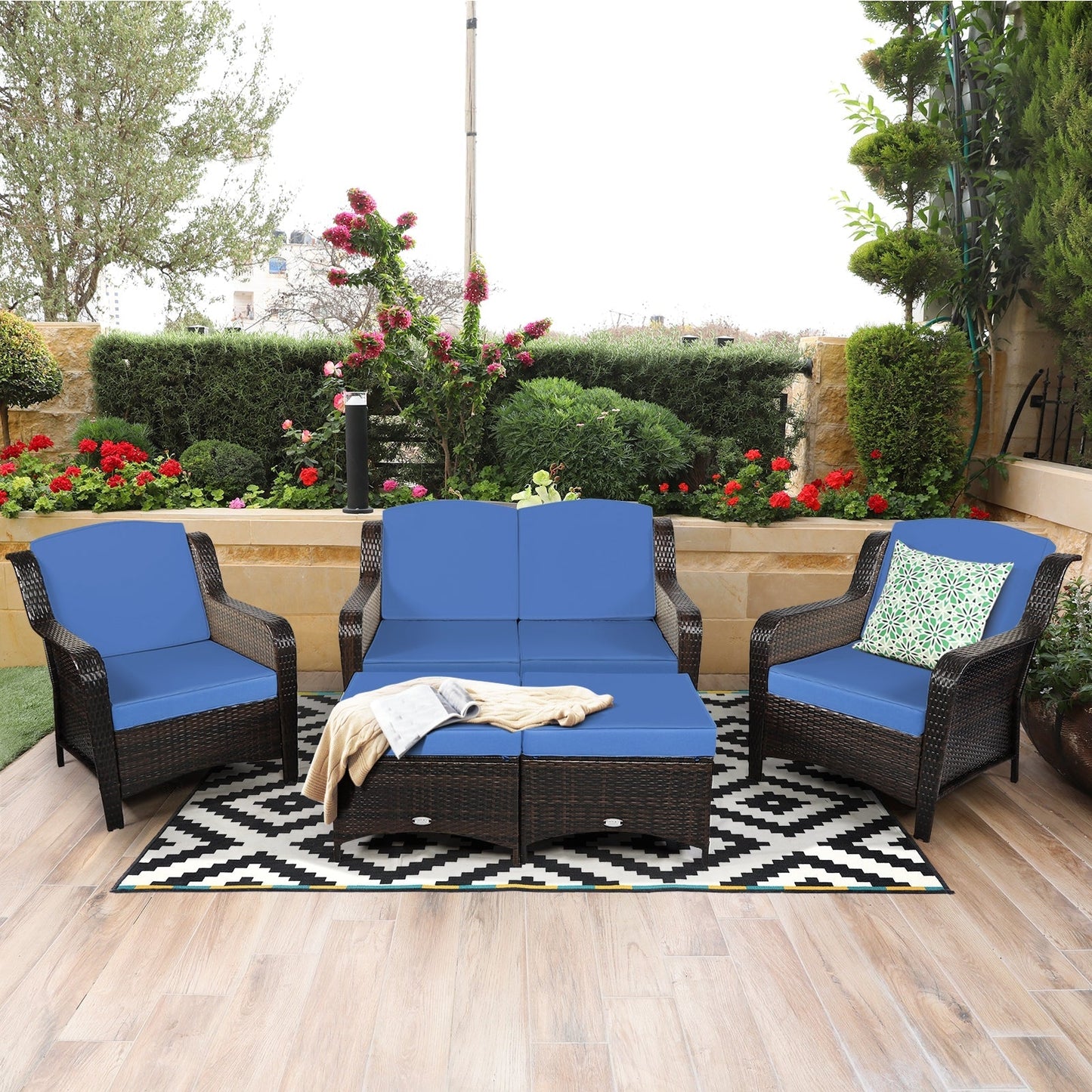 5 Pieces Patio Rattan Sofa Set with Cushion and Ottoman