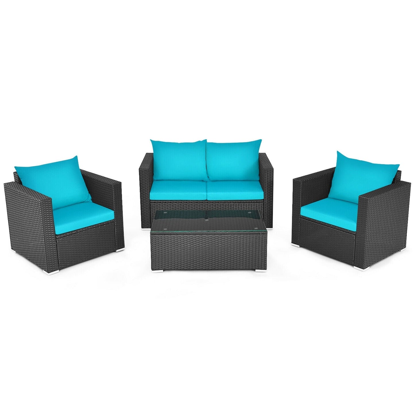 4 Pieces Patio Rattan Conversation Set with Cushions and Coffee Table-Black