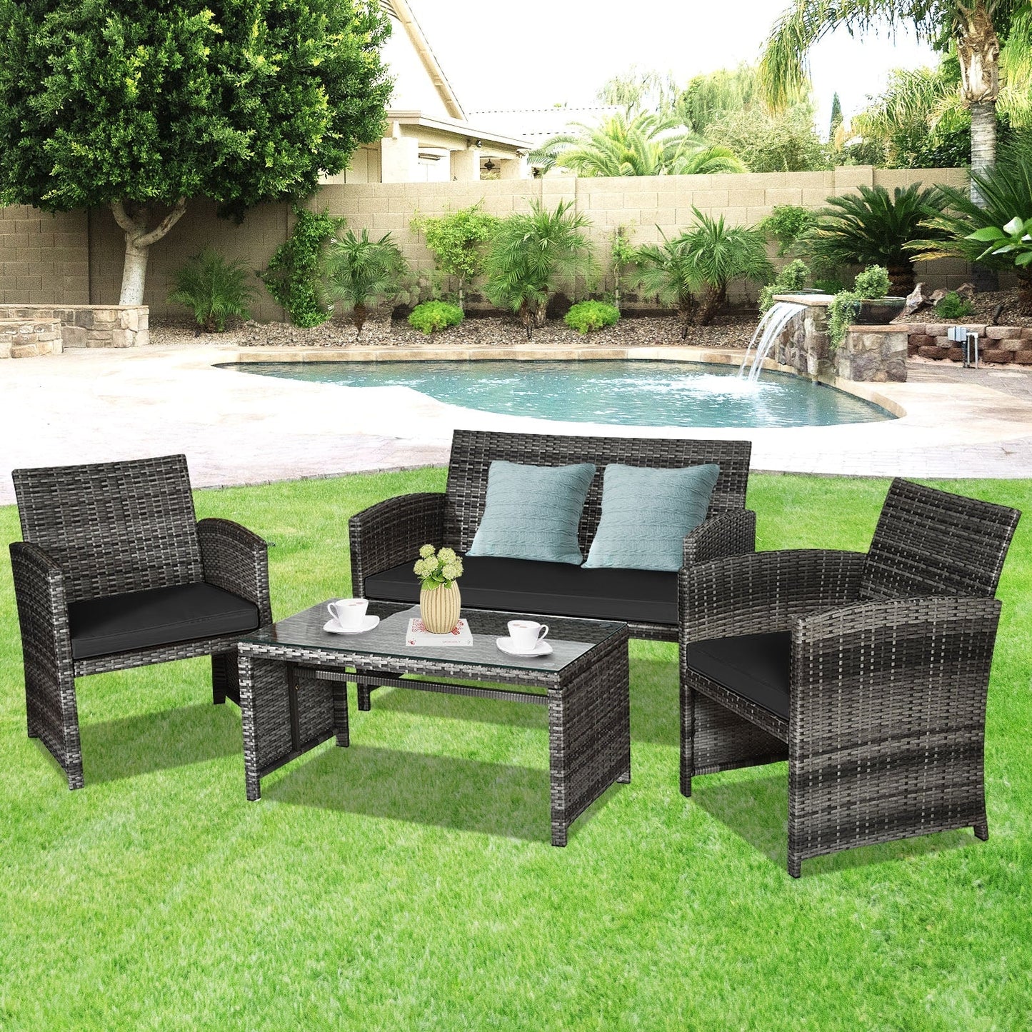 4 Pieces Patio Rattan Furniture Set with Glass Table and Loveseat-Gray