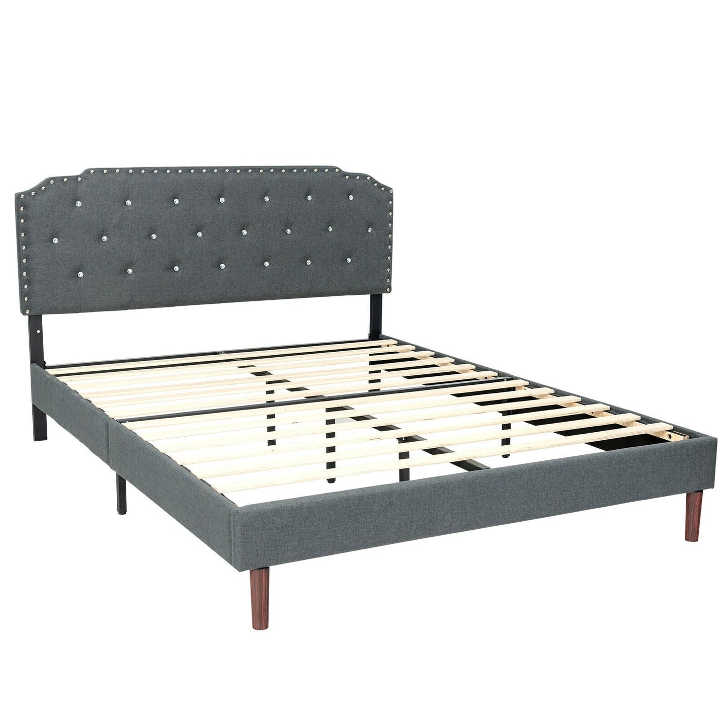 Upholstered Bed Frame with Adjustable Diamond Button Headboard