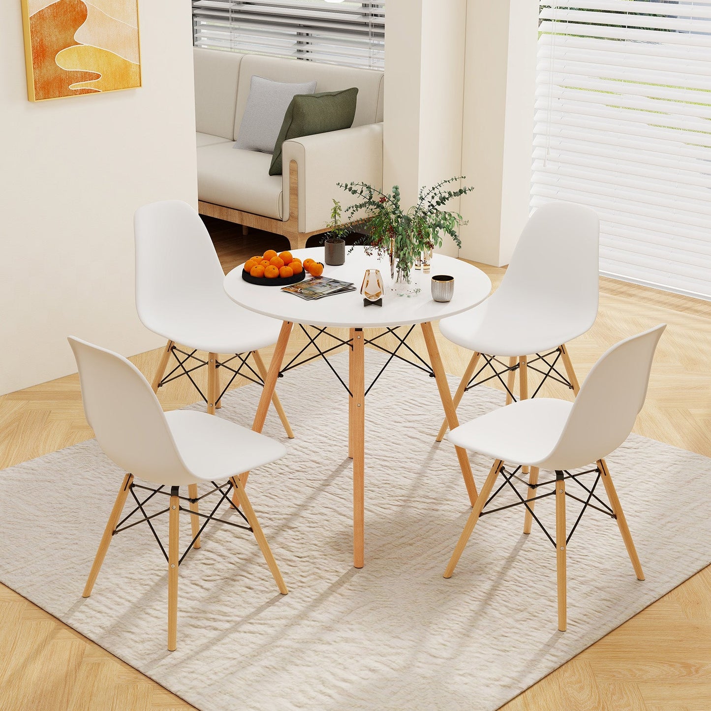 Round Modern Dining Table with Solid Wooden Leg-White