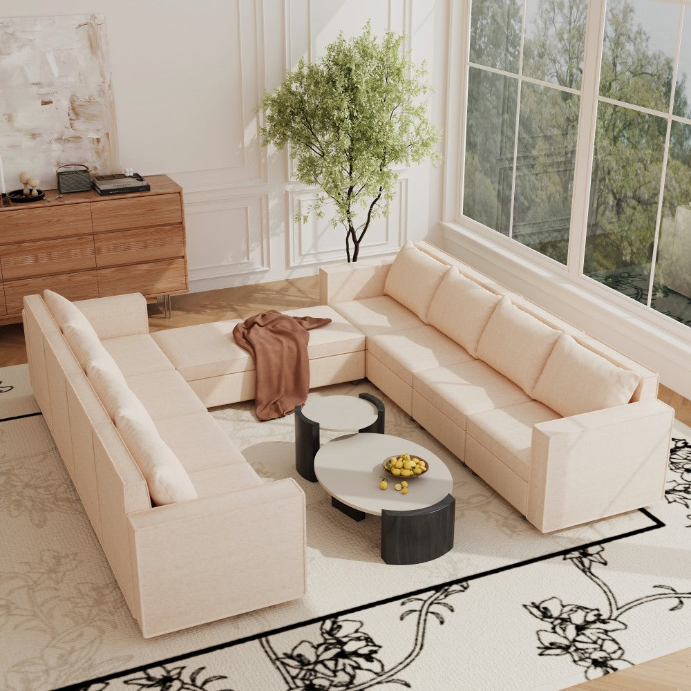 Ainfox 10-Seat Modular Sectional Sofa Sleeper Sofa Flannel Sofa with Storage Seat Beige
