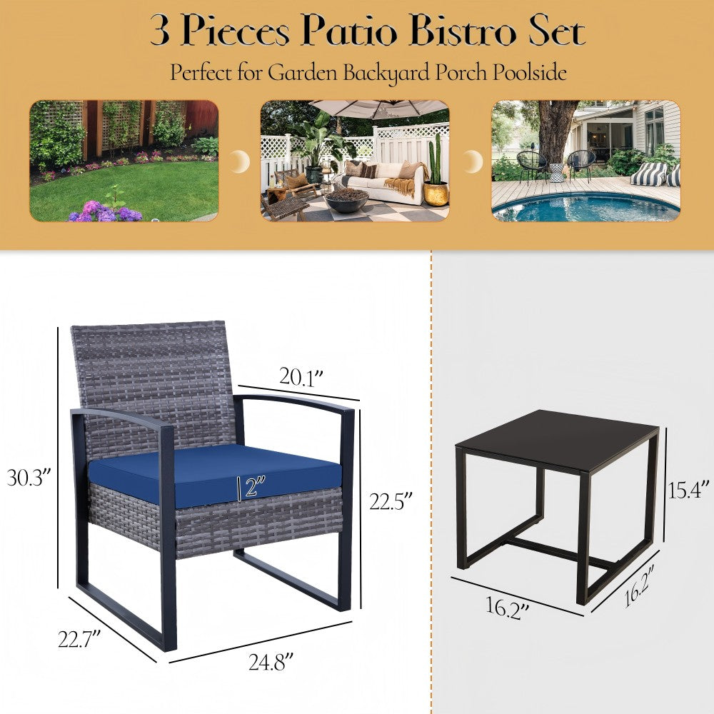 Ainfox  3 Pieces Outdoor Patio Sofa Set, Patio Bistro Set, All-Weather Wicker Conversation Set
