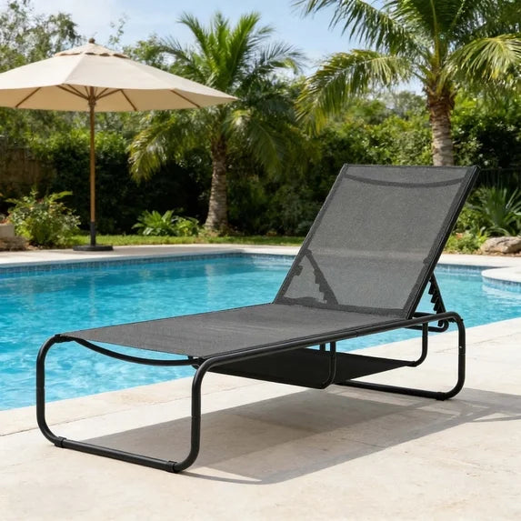 Ainfox Patio Chaise Lounge Chair, 5 Adjustable Positions Outdoor Recliner with Hidden Storage, Breathable Textilene Fabric Steel Frame