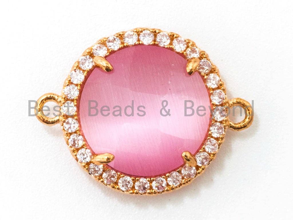 Round Bezel Connector with Cat's Eye Stone, Gold Plated CZ Micro Pave Frame Connector, Cat's Eye /Topaz /White/Rose pink 14x19mm, sku#A77