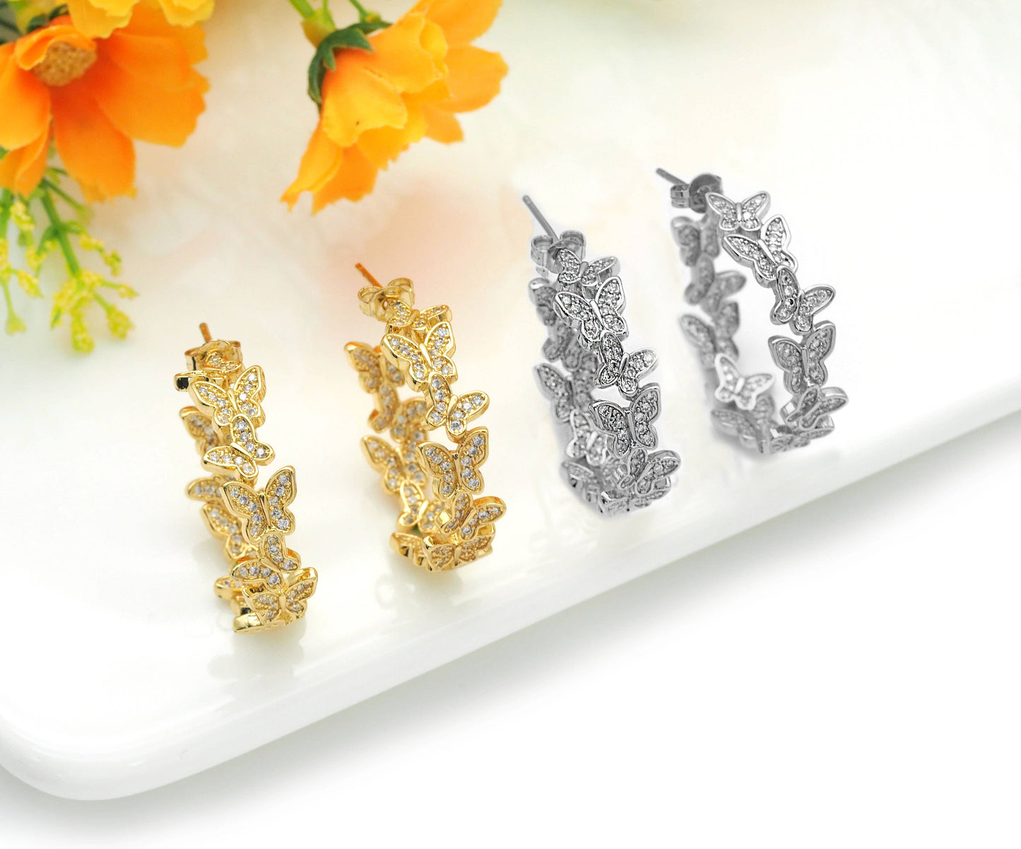 CZ Gold Butterfly Round Stud Earrings, Sku#J370