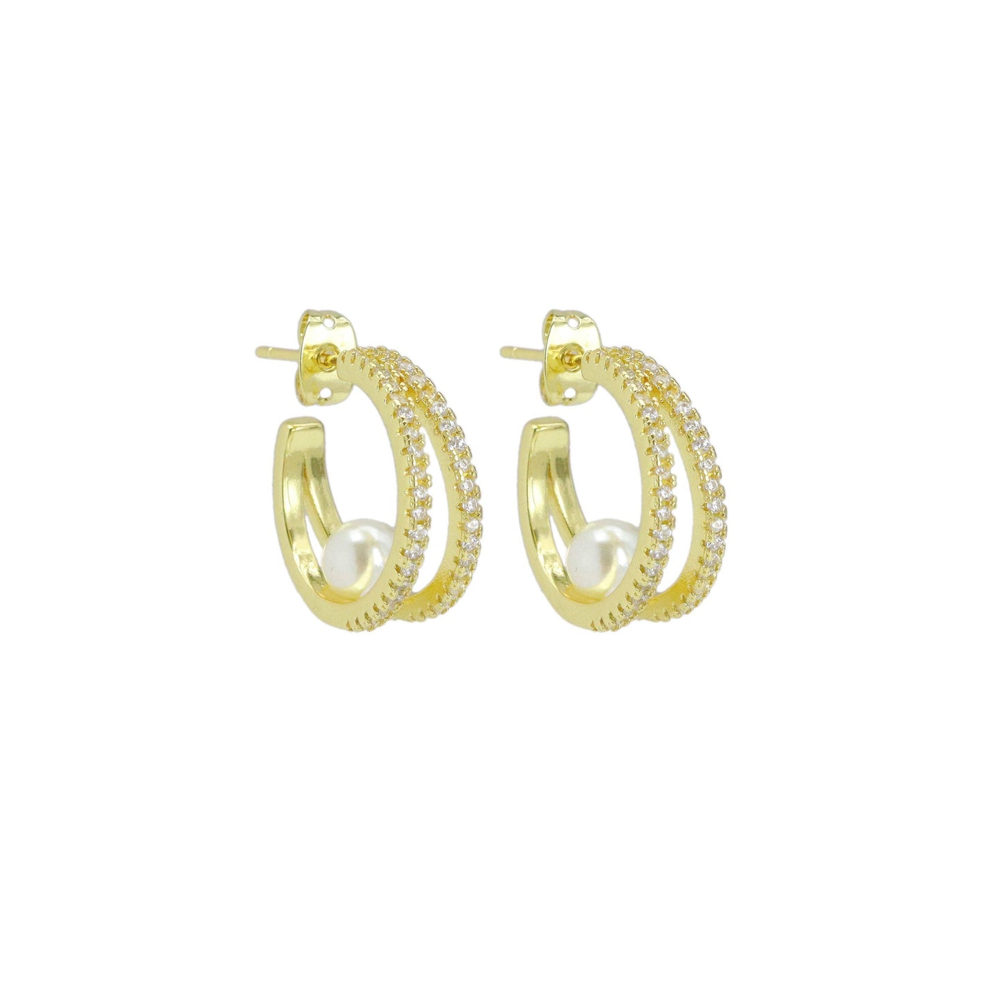 Clear CZ Double Line Pearl Earrings, Sku#LK1013