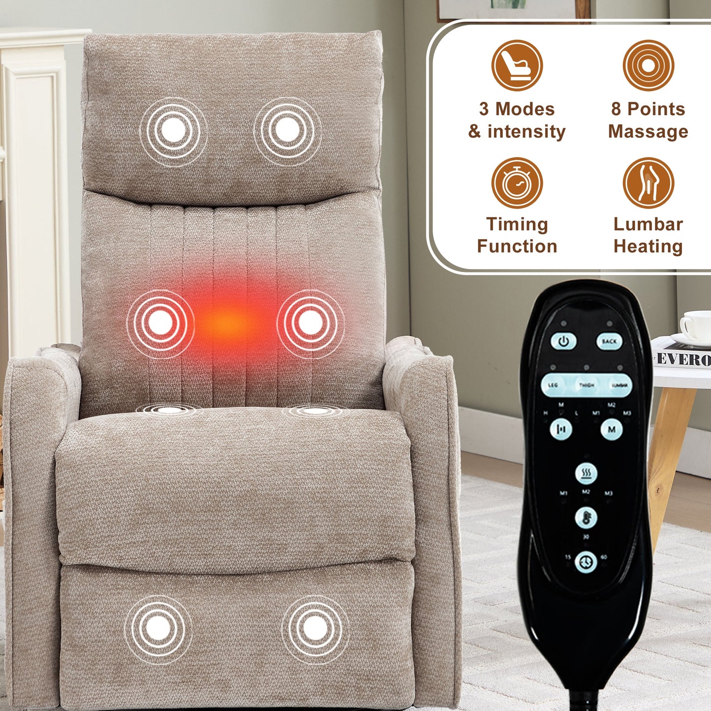 Khaki Heat Massage Manual Recliner Chair