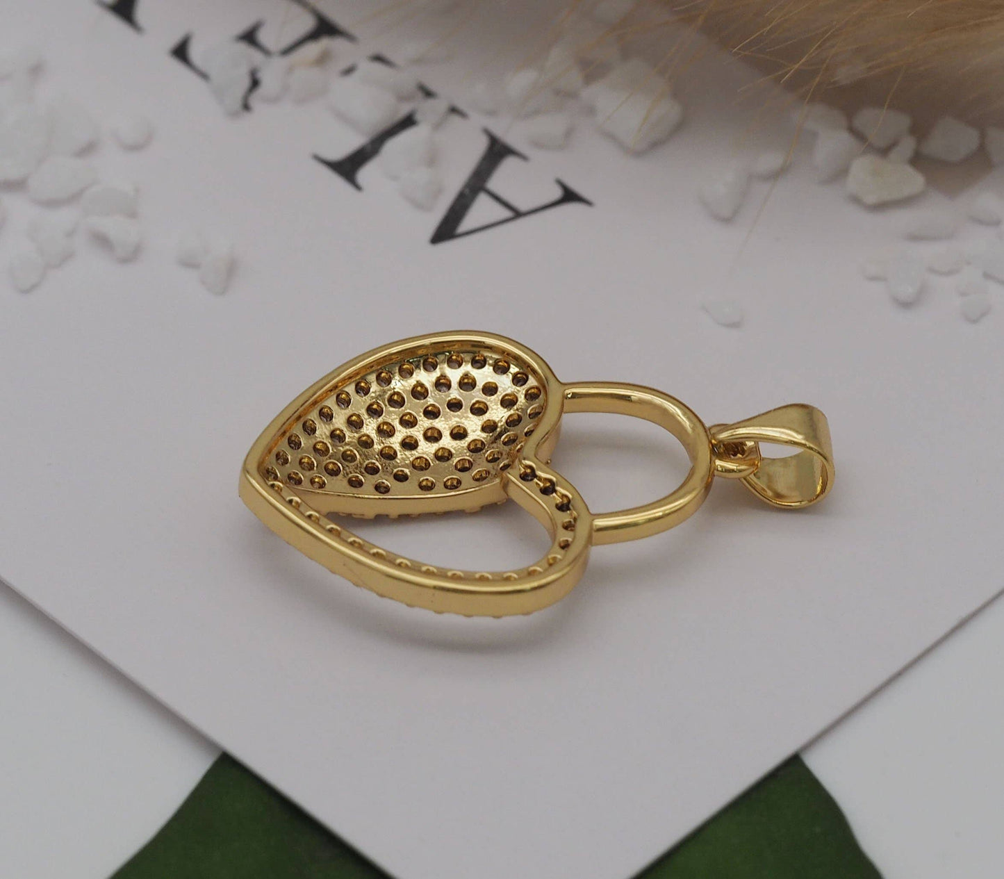 Half CZ and Half Hollow Out Heart Charm, Sku#LK633
