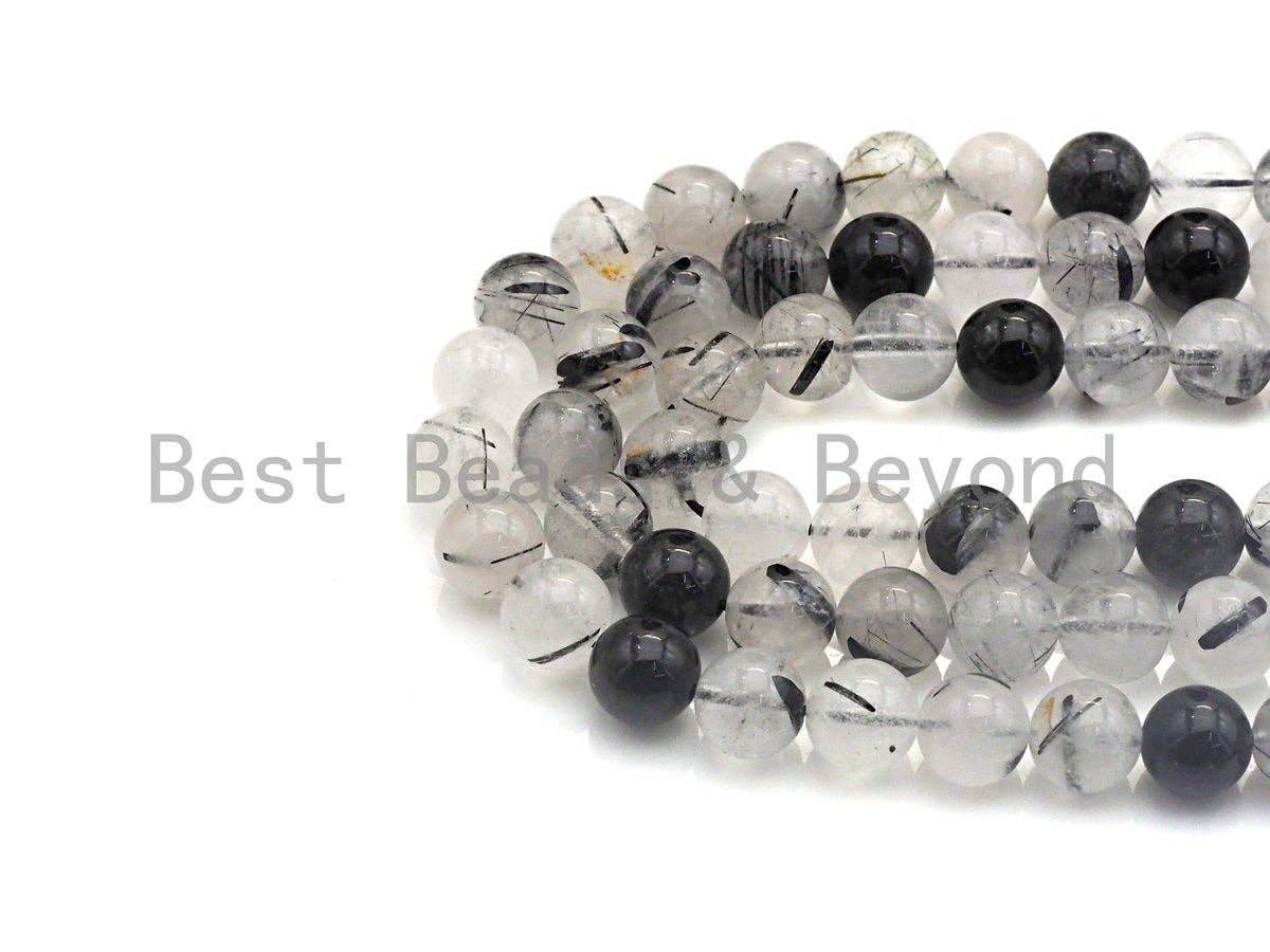 Quality Natural Tourmalinated Quartz , 6mm/8mm/10mm  Round Smooth Beads, Natural Quartz, 15.5" Full Strand, sku#U687