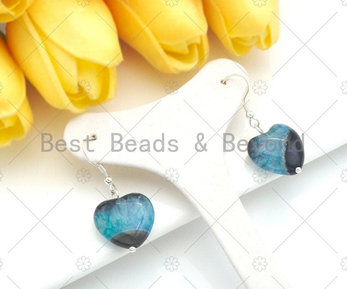 Sterling Silver Natural Druzy Agate Heart Earrings, EF39