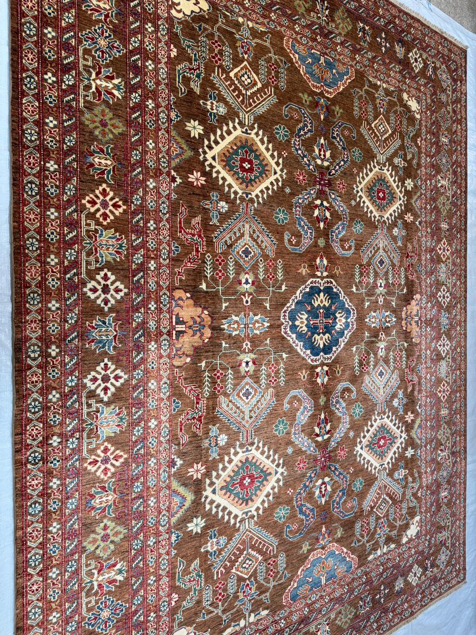 Hand-Knotted Vegetable Dye Kazak Rug from Pakistan,  9' 3" x 12'