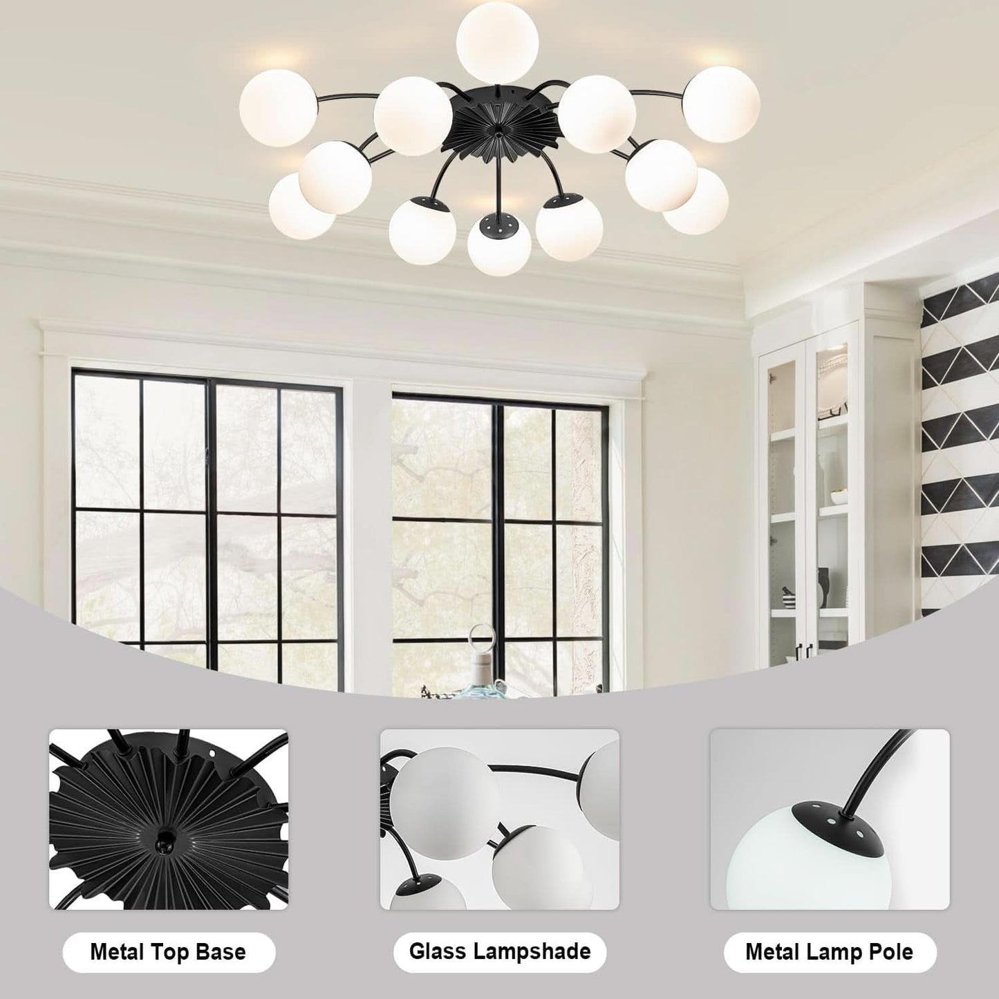 Milk Glass Sputnik Chandelier 12 Light Black Handblown