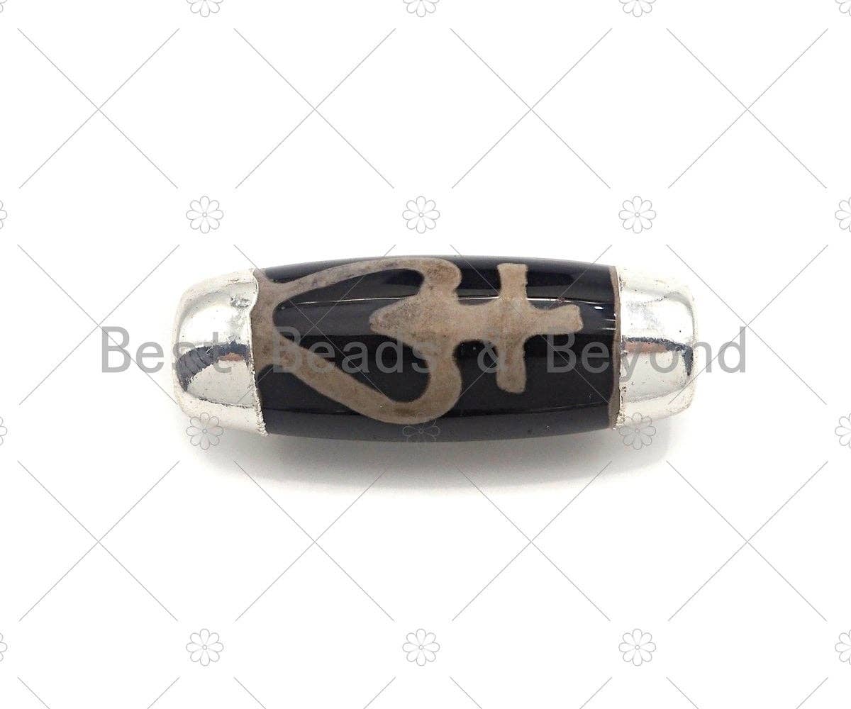 15x41mm Large Natural Tibetan Agate Barrel Shape Spacer Beads, Silver Wrap Finish, Oval Tibetan Agate Beads, sku#U960