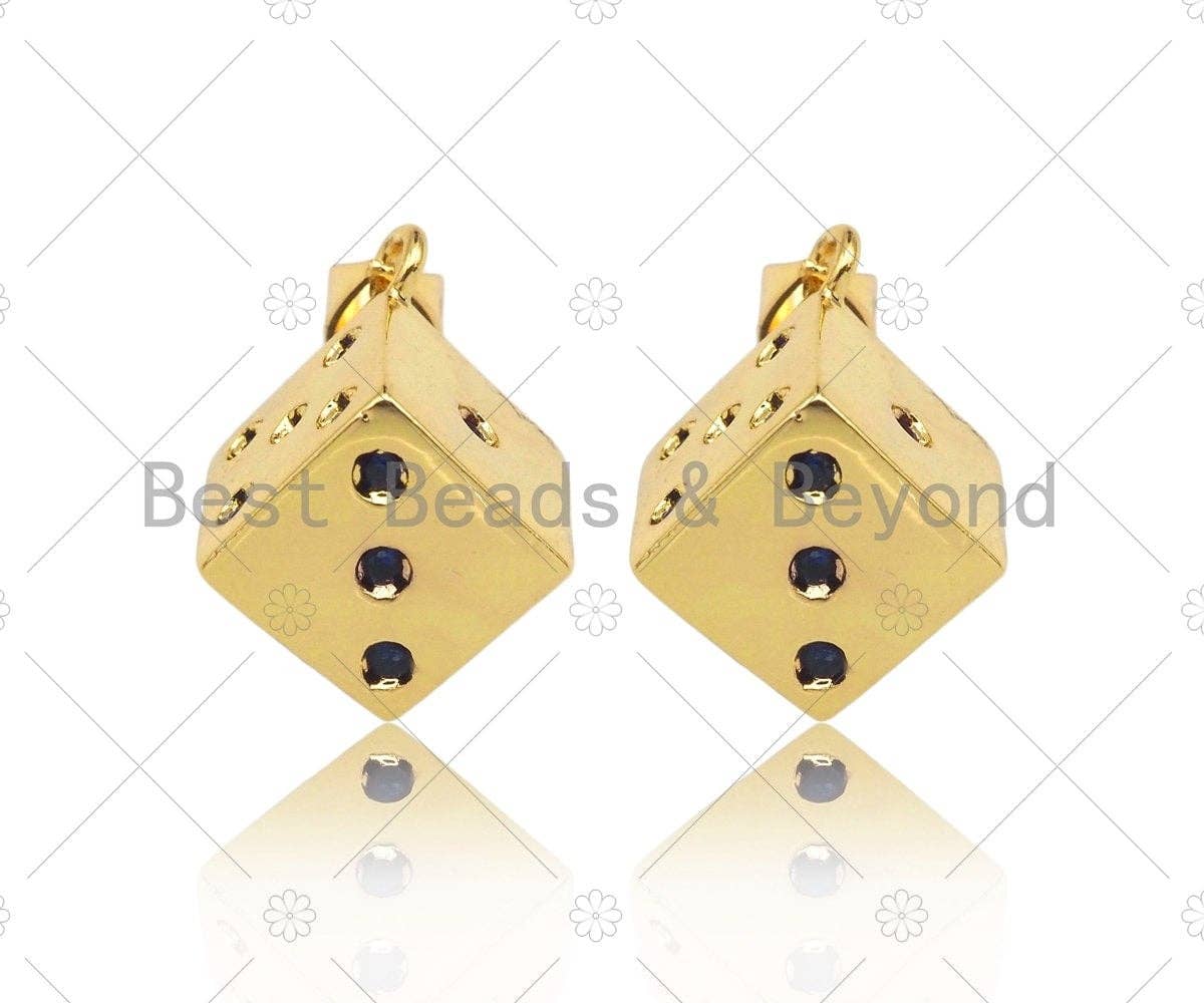 CZ Micro Pave Gold Dice Charm, Necklace Bracelet Charm Pendant,13x15mm,Sku#LK302