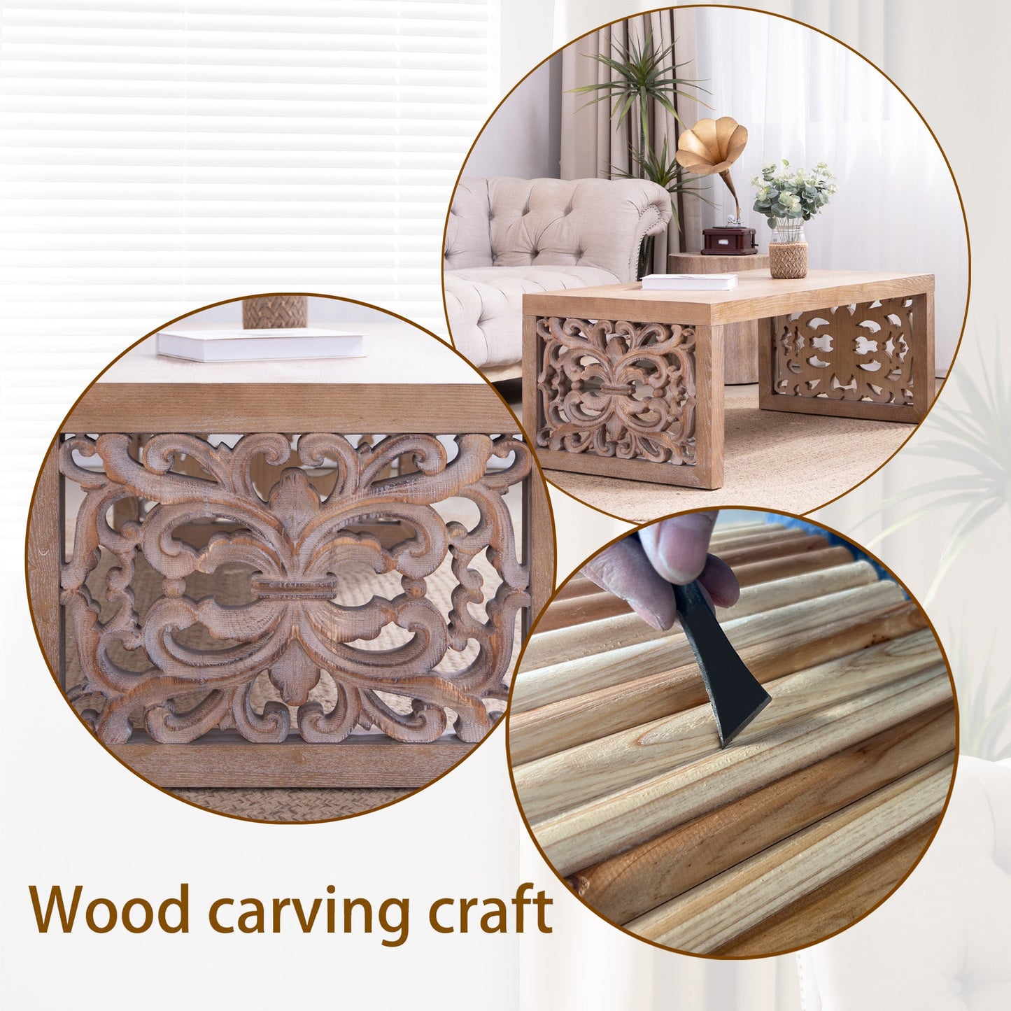 47.2" Rustic Carved Wood Coffee Table