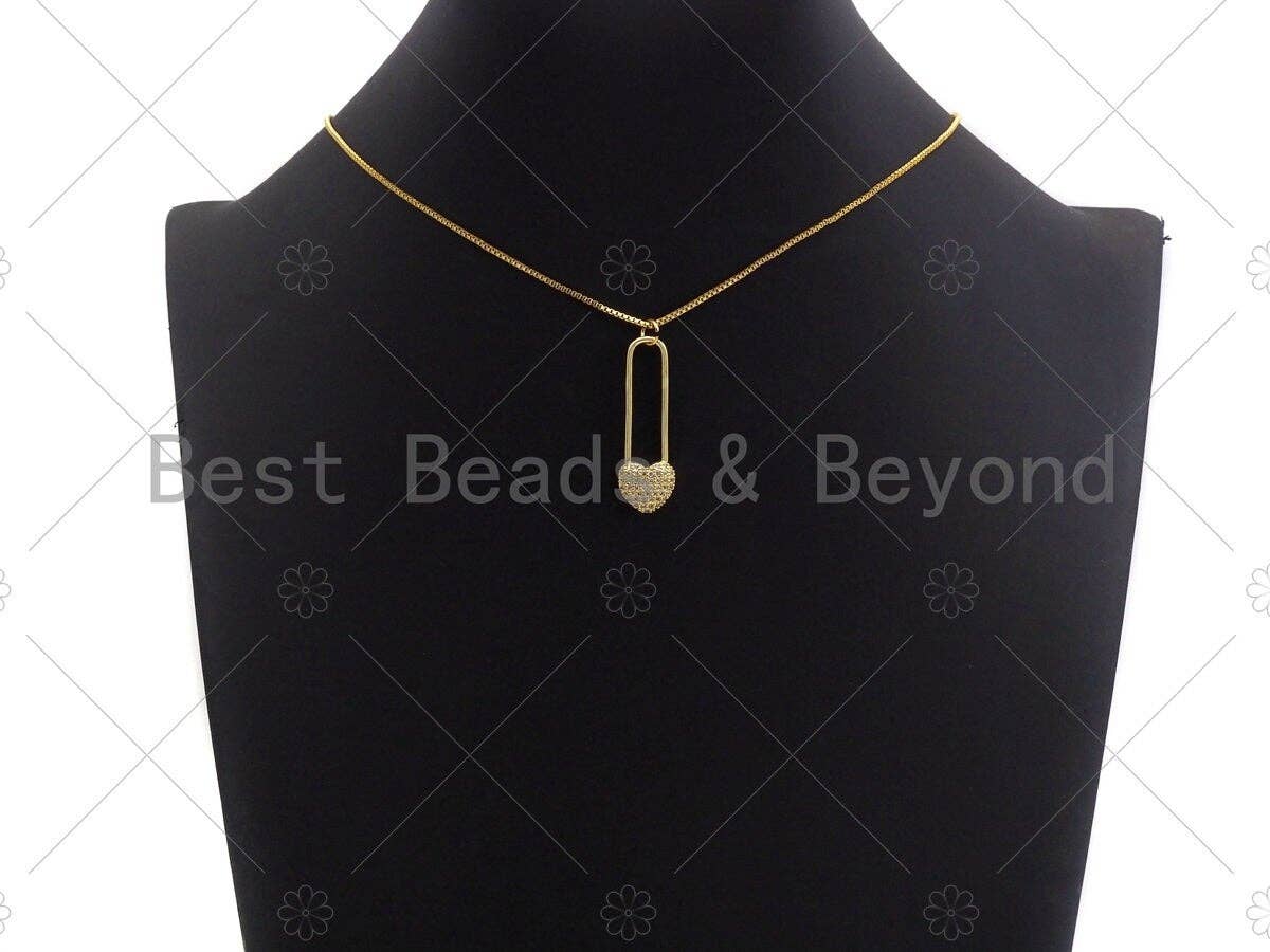 18K Gold CZ Micro Pave Heart Lock Pendant, CZ Micro Pave Heart pendant, Lock Pave pendant, 11x34mm, sku#LK16