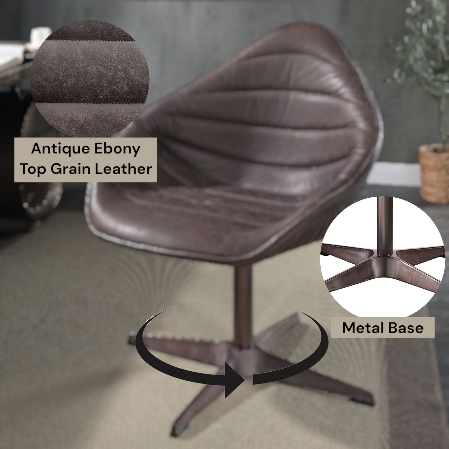 Pipino Antique Ebony Top Grain Leather Accent Chair with Swivel