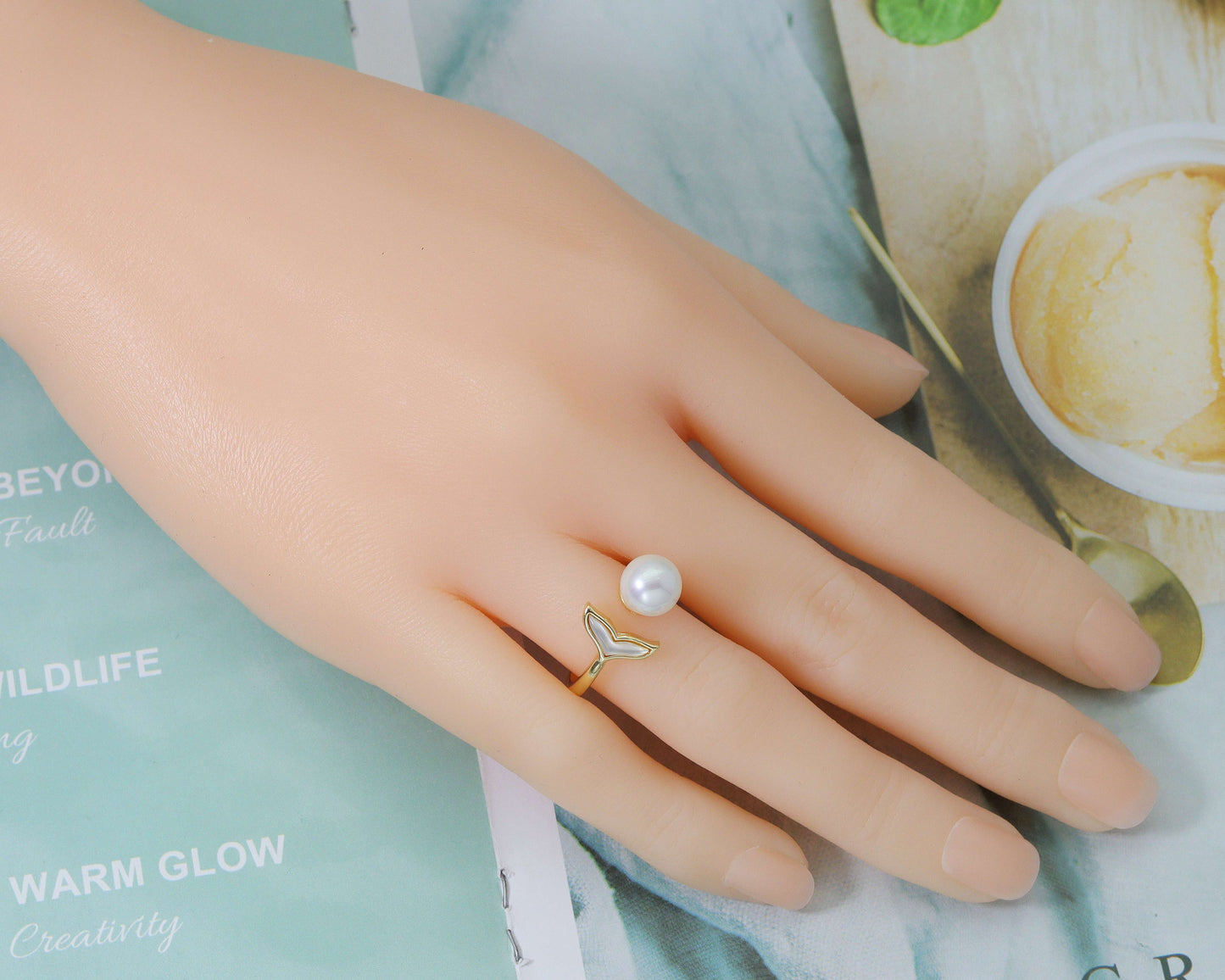 Mother of  Pearl Shark Tail and Ball Open Ring, Sku#ZX46