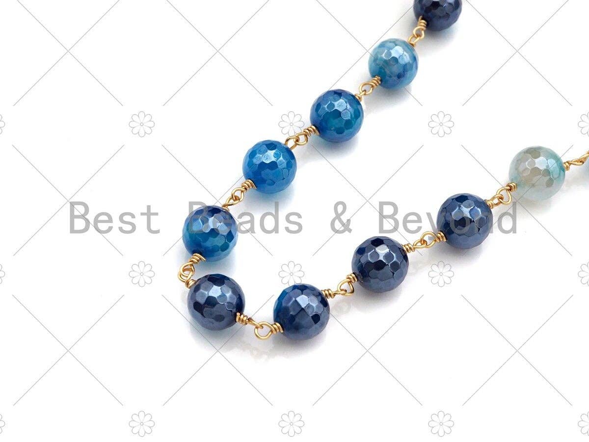 Mystic Agate Aqua Blue/Light Blue/Navy Blue Rosary Chain, 8mm Agate Beaded Chain, Wire Wrapped Gold Chain,Sku#V83