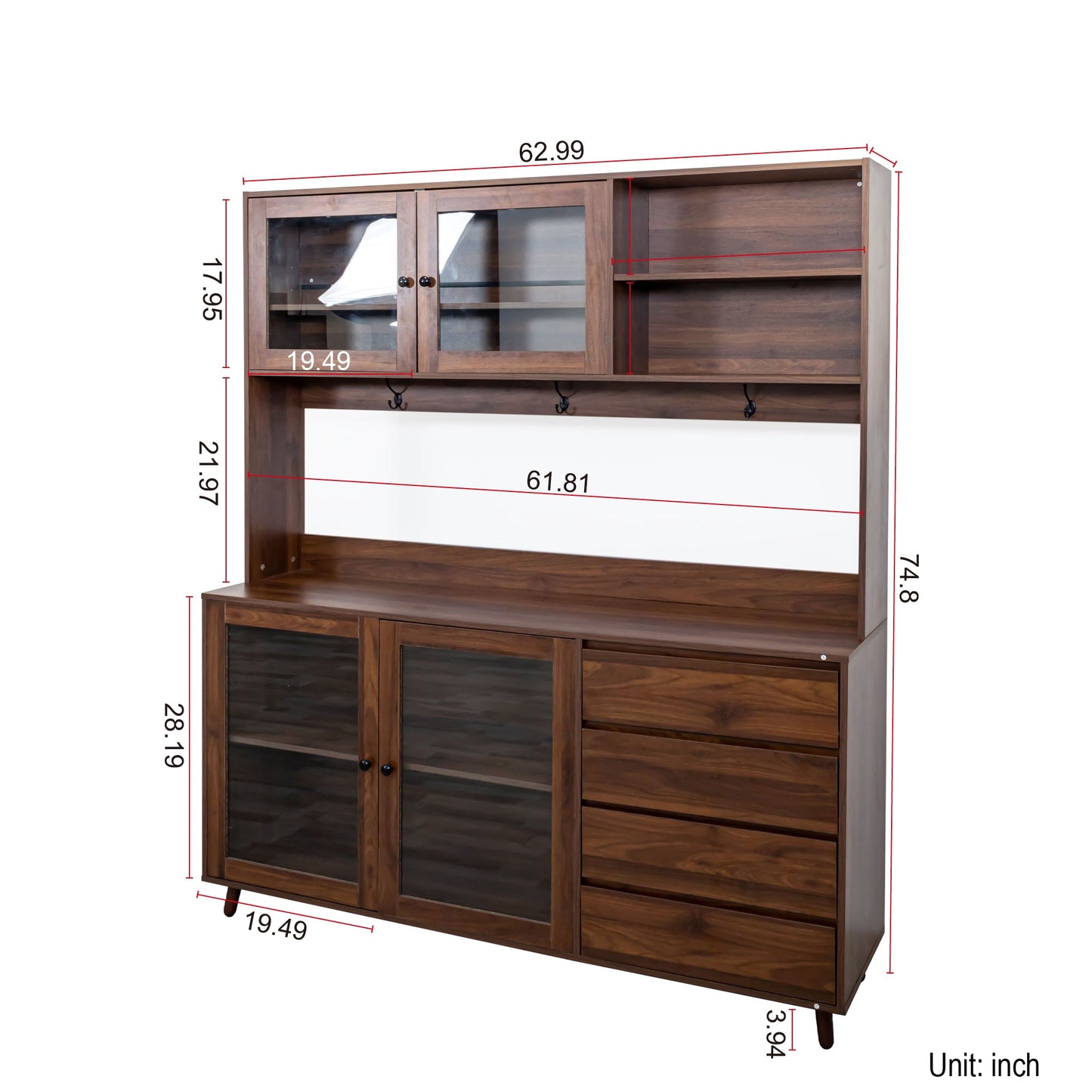 63" W Large Kitchen Hutch Cabinet