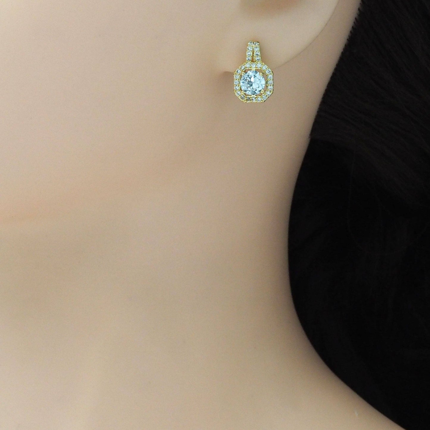 Clear CZ Round Square Gold Stud Earrings Pendant Necklace, Sku#LK904