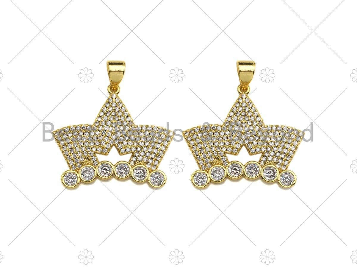 18K Gold Micro CZ Pave King Crown Pendant, Gold Crown Charm,  Crown Beads, Jewelry Findings, 25x22mm,sku#LK44