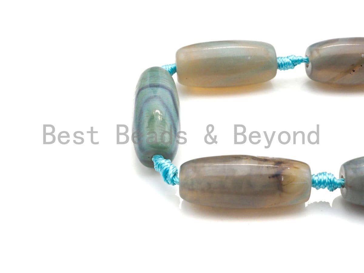 1pc/10pc Natural Agate Long Barrel Spacer Beads, Blue Brown Agate Spacer Beads, 14x30mm, sku#U885