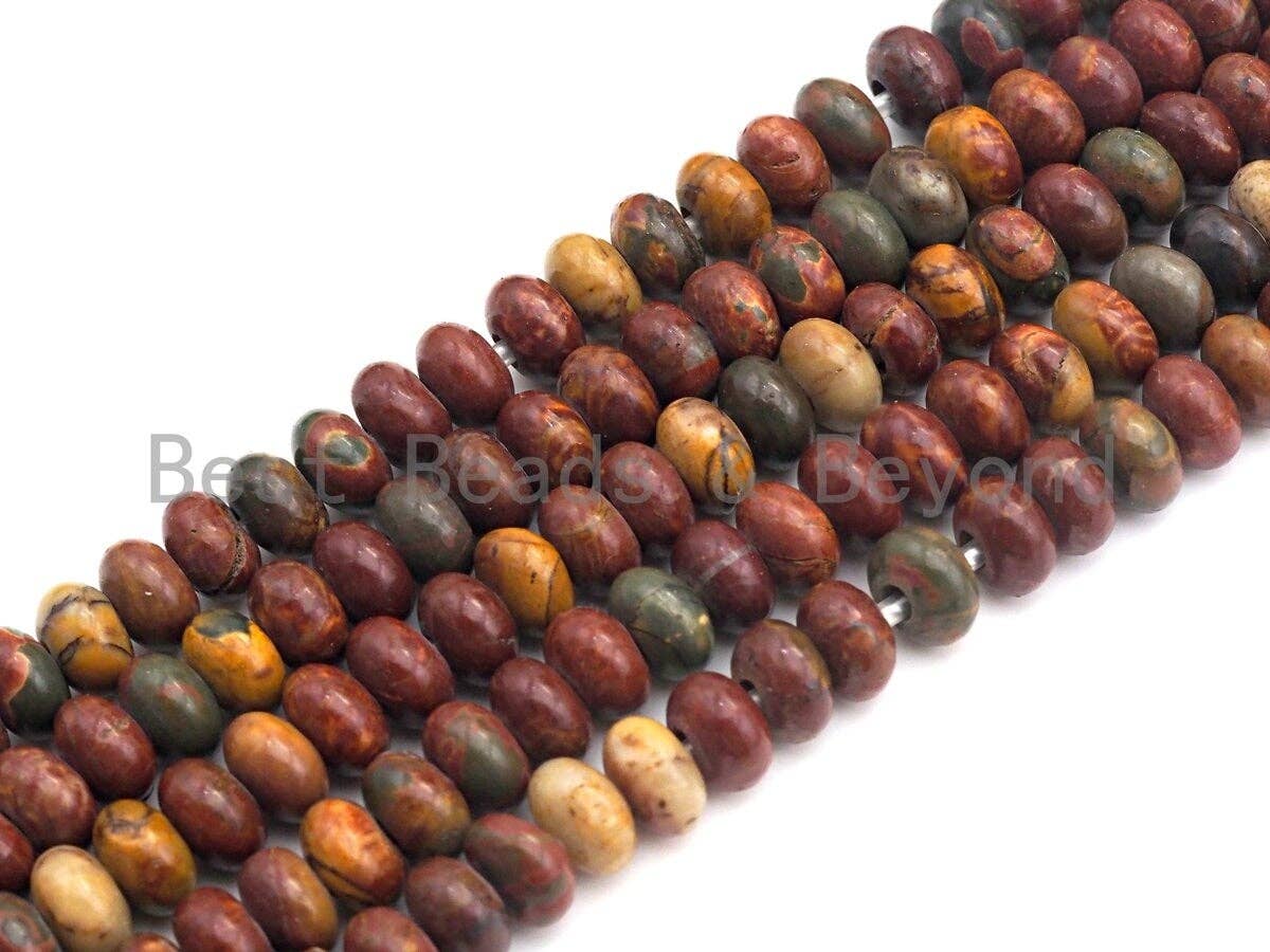 2mm Large Hole Natural Piscasso Jasper Beads, Rondelle Smooth 6x10mm/5x8mm, 8" Long Strands, sku#U716C