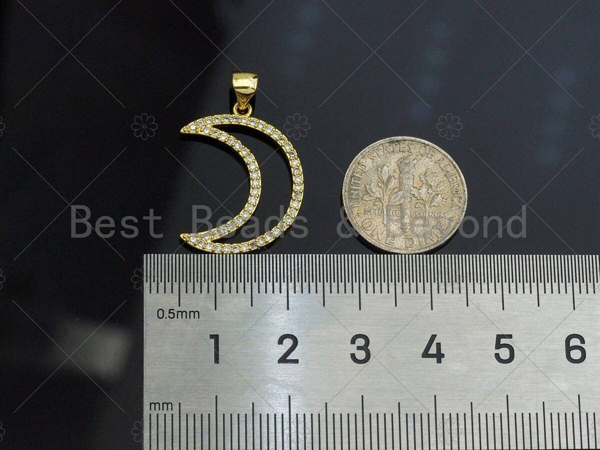 CZ Micro Pave Gold Moon Pendant, 18K Gold Filled Moon Charm, Necklace Bracelet Charm Pendant,17x23mm, Sku#LK83