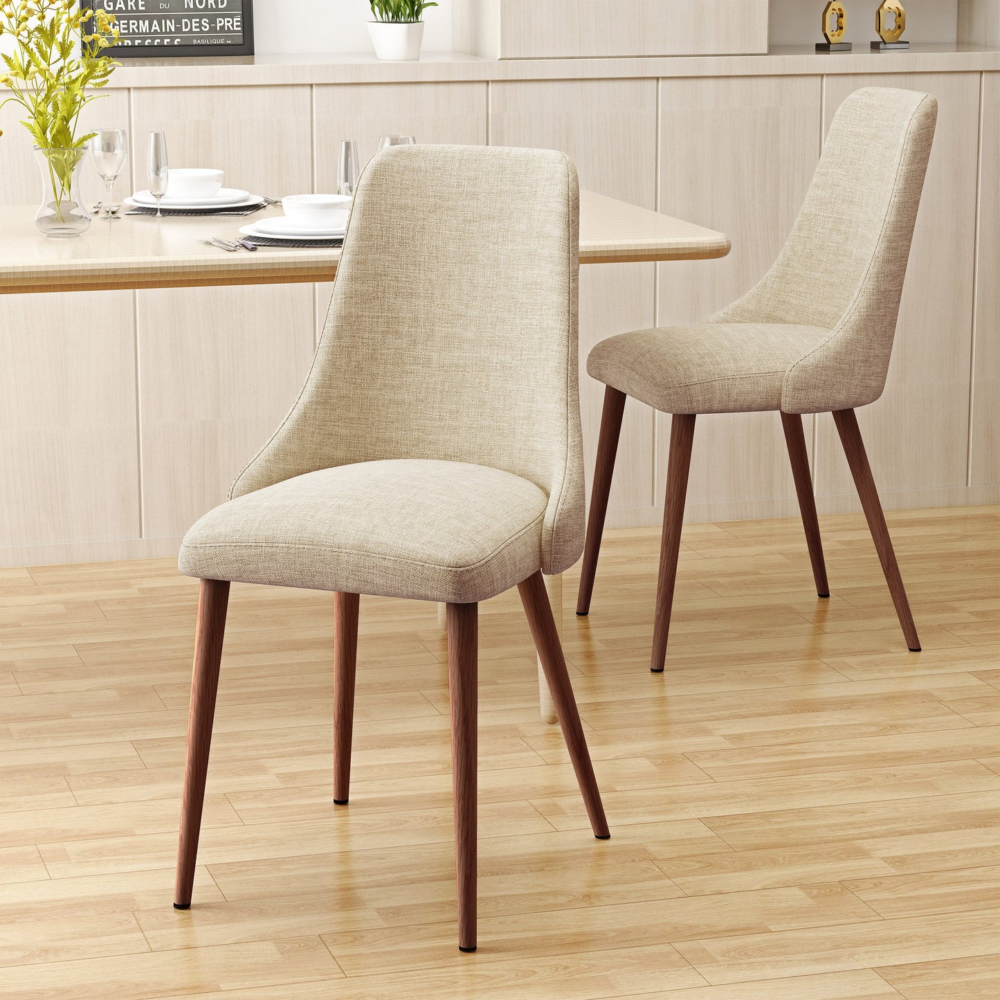 Mid Century Modern Fabric Armless Dining Chairs, Set of 2, Wheat and Dark