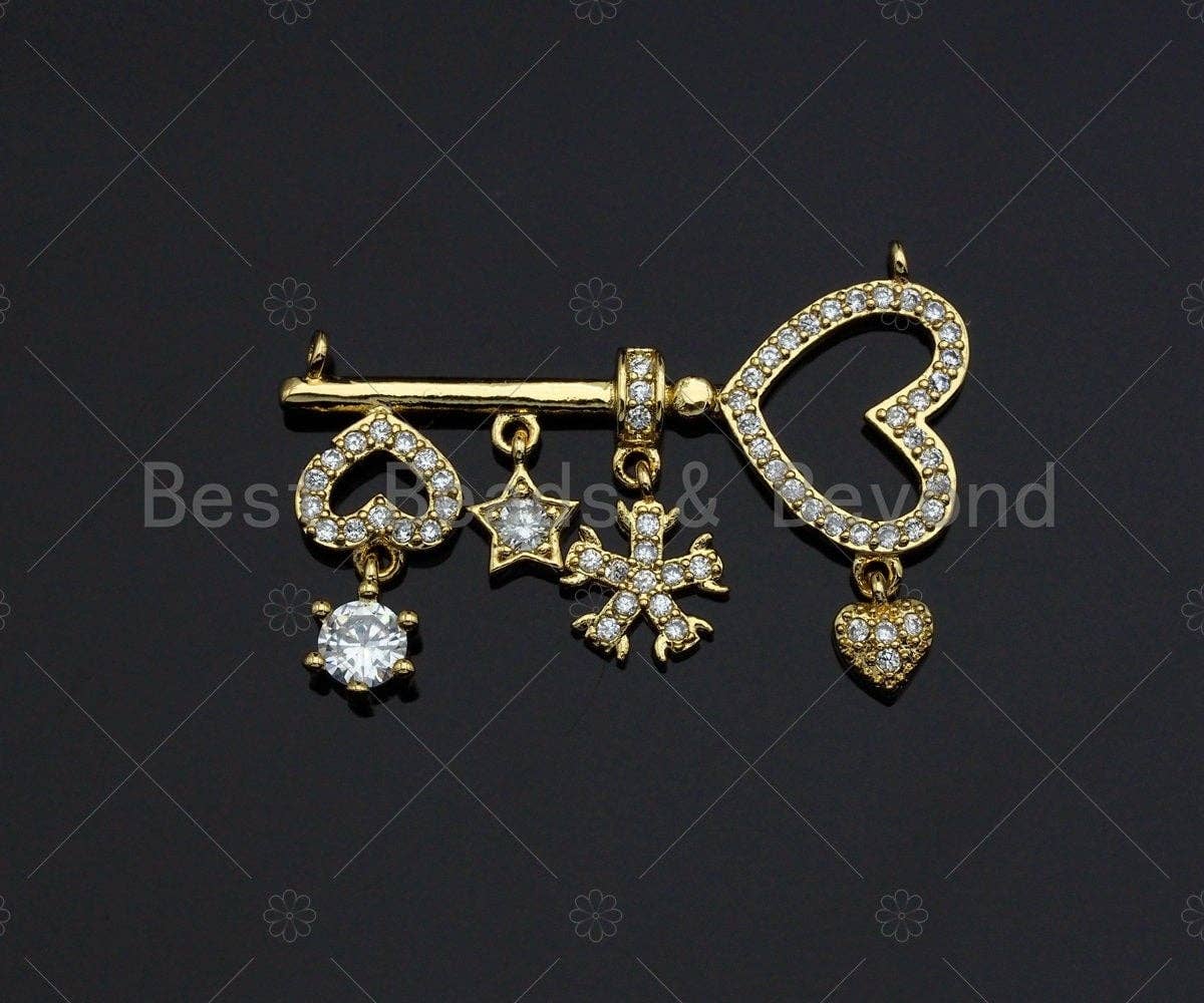 CZ Micro Pave Heart On Key Shape Pendant with Baguette CZ cluster, Gold/Silver/Rose Gold Plated Jewelry,21x31mm,sku#L289