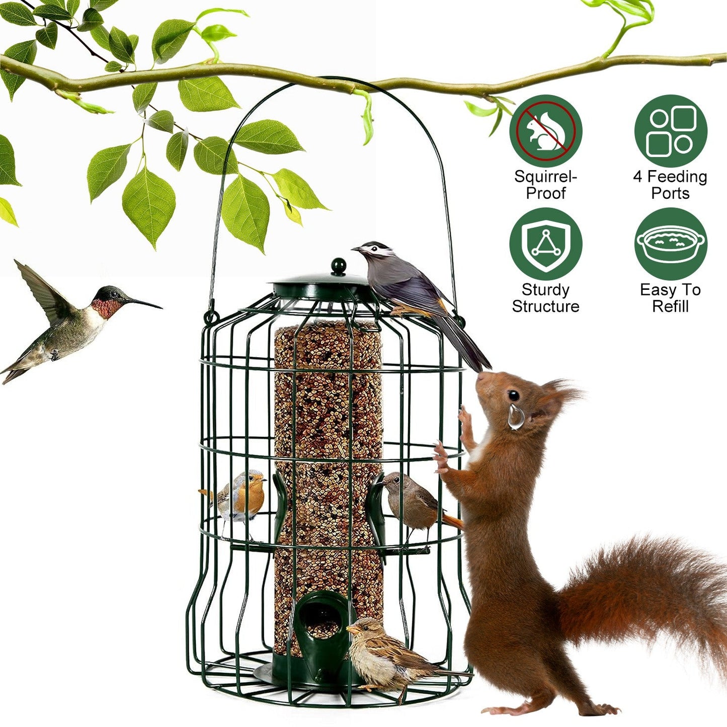 Metal Bird Feeder: Squirrel-Proof Seed Feeder with 4 Ports