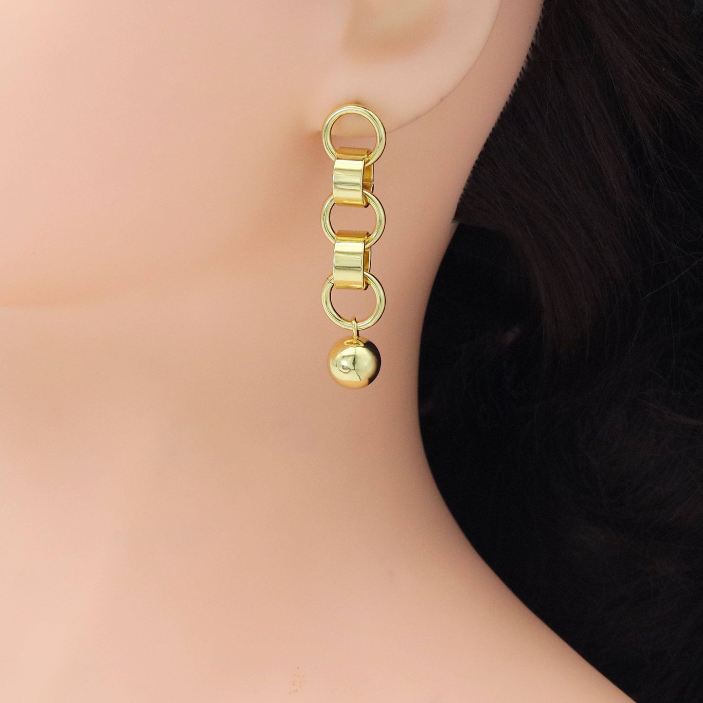 Shiny Gold Link Chain Ball Dangle Earrings, Sku#A275