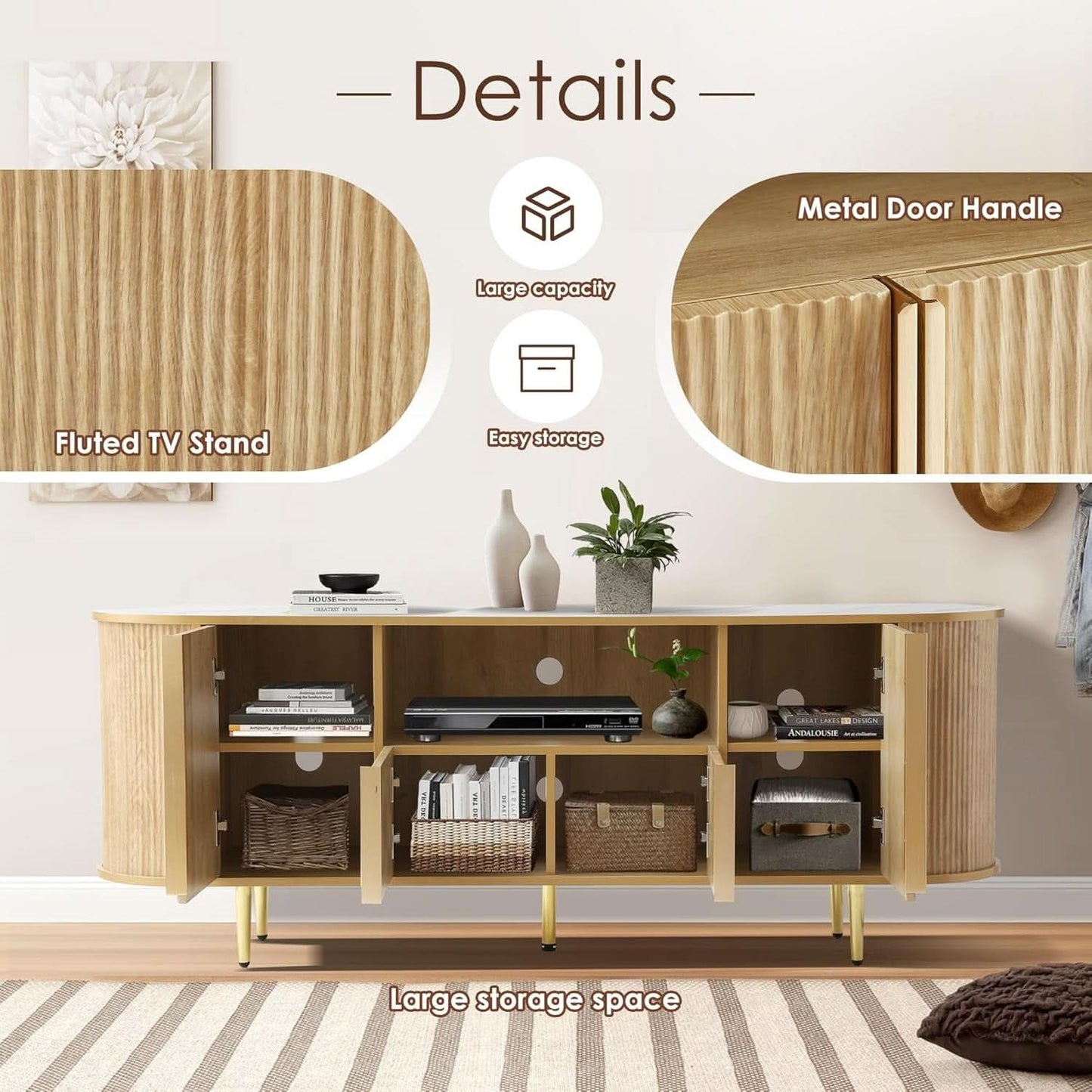 63 Inch Fluted TV Entertainment Console With Integrated Storage