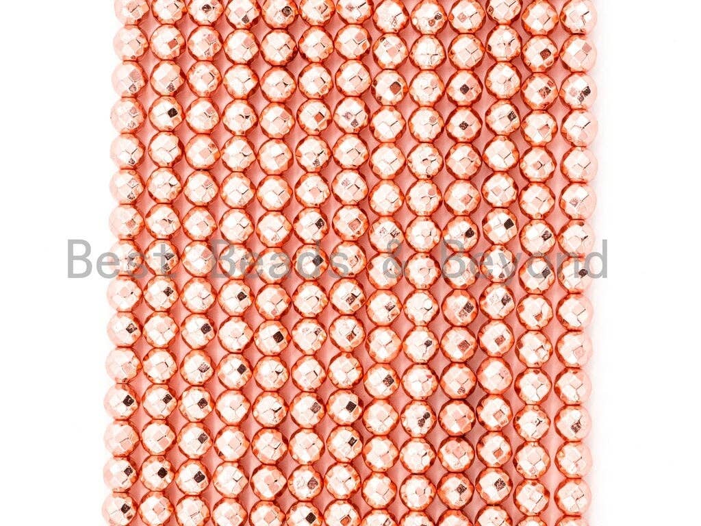 Natural Rose Gold Copper Color Hematite-3mm/4mm/6mm/8mm/10mm/12mm Round Faceted Beads-15inch FULL strands, sku#S65